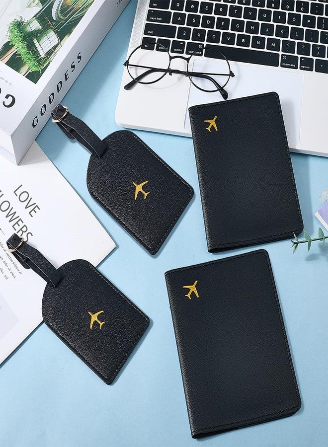 CALFOVERA 2 Sets Metallic Airplane Pattern Luggage Tag Mr and Mrs Honeymoon Passport Wallets Travel Holder PU Leather Black Couple Passport Cover Blocking Card Slots RFID Case Suitcase for Women Men - Image 3